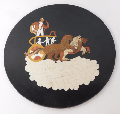 A micro mosaic circular table top, showing the classical god Helios and a chariot in the clouds, against a black ground, 59cm diameter.