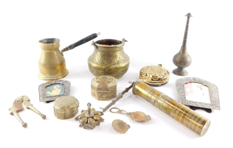 An Islamic brass incense burner, two Indian white metal strut picture frames, Mulla brass cutter, lacquer box and cover modeled as a terrapin, and further collectables. (a quantity)