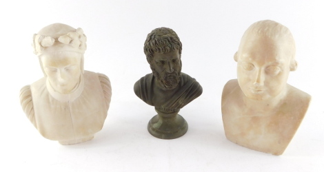 An early 19thC alabaster bust of a gentleman, 16cm high, further bust of Dante Alighieri, 19cm high, and a plaster bust of Sofocle, 14cm high. (3)