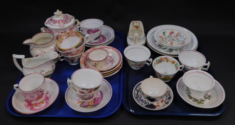 Early 19thC pink lustre tea wares, Hilditch, etc., to include cream jugs, sucrier, cups and saucers. (a quantity)