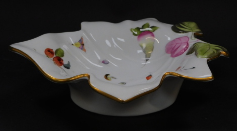 A Herend porcelain leaf shaped dish, painted with fruit, butterflies and funghi, No 7527/FR., printed and painted marks.