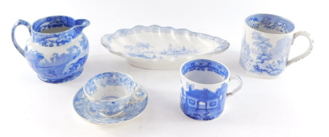 A group of early 19thC blue and white transfer decorated pottery, to include a Davenport miniature cup and saucer, Davenport mug, a chinoiserie decorated coffee can, and a Phillips Parisian pattern shell shaped dish. (6)