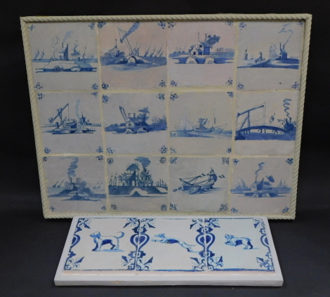 A Dutch Delft Ware blue and white tile panel, decorated with canal views, ships, etc., comprising twelve tiles, framed, 41cm high, 53cm wide, and a further set of three tiles, depicting animals, in an integral frame, 15.5cm high, 40cm wide. (AF)