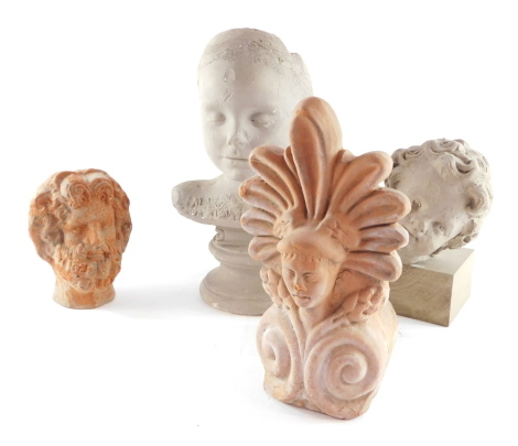 A 19thC plaster bust of a girl, signed verso L Brugiotti., possibly a death mask, 36cm high, a plaster bust of a cherub's head on a wooden block stand, terracotta bust of a Roman Emperor and a terracotta ridge tile of a Native American Indian. (4)