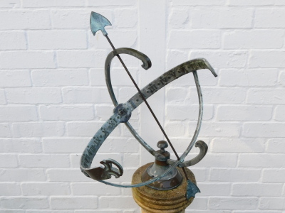 A brass armillary sundial, raised on a concrete column base, 140cm high. - 2