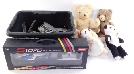 A Syma Gyroscope System S107G, Metal Series, with three channels, infra-red RC mini helicopter, boxed, together with Tri-ang OO gauge track, and four soft toys.