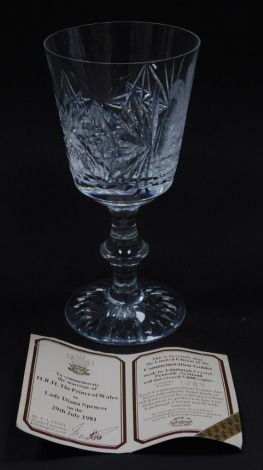 An Edinburgh Crystal Royal Wedding edition goblet, etched Royal Marriage 29th July 1981, with certificate, 17cm high.