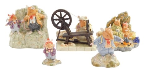 Five Royal Doulton Brambly Hedge figures, The High Hills collection, comprising Lily Weaver Spinning DBH58, A Cheerful Blaze DBH60, On The Ledge DBH57, Flax Weaver DBH55, and Wilfred Toadflax DBH56.