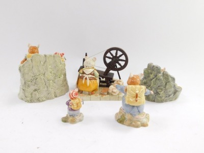 Five Royal Doulton Brambly Hedge figures, The High Hills collection, comprising Lily Weaver Spinning DBH58, A Cheerful Blaze DBH60, On The Ledge DBH57, Flax Weaver DBH55, and Wilfred Toadflax DBH56. - 2