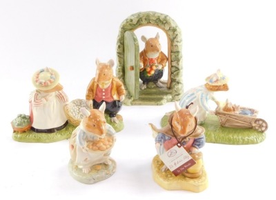 Five Royal Doulton Brambly Hedge figures, comprising Home For Supper DBH69, Heading Home DBH48, Dusty's Buns DBH51, Off To Pick Mushrooms DBH66, and In The Woods DBH64.