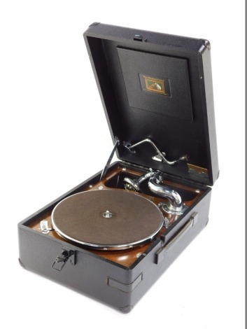 A HMV black cased table top gramophone, 16cm high 29cm wide 41cm deep.