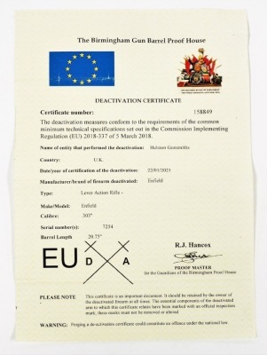 A deactivated Enfield .303" under lever action rifle, Ser. No. 7254, barrel length 20.75". Certificate No. 158849 was issued on the 22/01/2021 and the cost of changing the gun from the old British certification to the new European Union rules was £250 b - 7