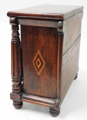 A Victorian apprentice chest of drawers, with two short and three long drawers, with columned supports on bun feet, and diamond inlay, probably Scottish, 39cm high, 39cm wide, 30cm deep. - 3