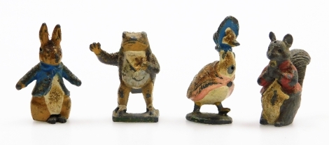 Four vintage Beatrix Potter painted figures, comprising Jeremy Fisher, Jemima Puddle-Duck, Peter Rabbit, and a squirrel, the tallest 4cm high.