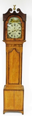 J. Saltby of Grantham. A 19thC oak and mahogany longcase clock, with swan pediment hood with bulbous and eagle brass applicator, above two column supports on a single trunk door, on stepped feet, eight day movement with a painted cream dial depicting Orie - 2