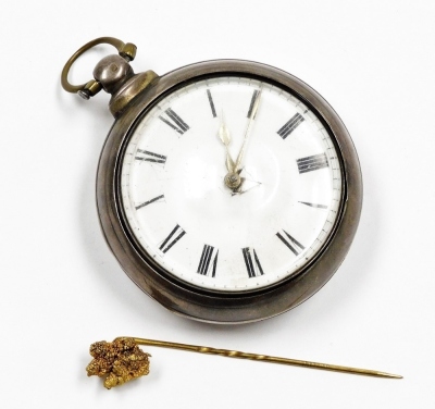 A Victorian silver pair cased pocket watch, by WM. Green of Grantham, with outer casing opening to reveal no. 9856 a convex watch front, on a white enamel dial with Roman numerals, London 1842, 5½oz (AF), together with an unmarked stick pin with golden nu