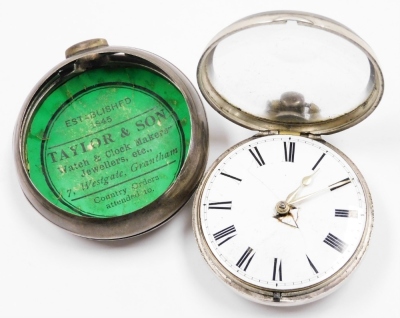 A Victorian silver pair cased pocket watch, by WM. Green of Grantham, with outer casing opening to reveal no. 9856 a convex watch front, on a white enamel dial with Roman numerals, London 1842, 5½oz (AF), together with an unmarked stick pin with golden nu - 2