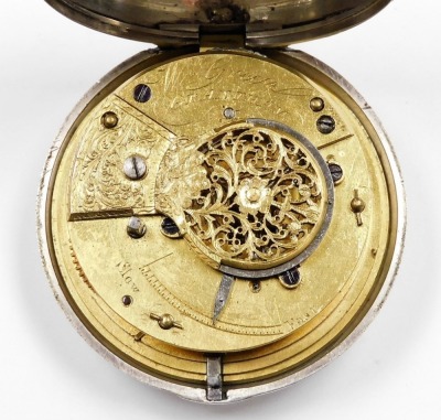 A Victorian silver pair cased pocket watch, by WM. Green of Grantham, with outer casing opening to reveal no. 9856 a convex watch front, on a white enamel dial with Roman numerals, London 1842, 5½oz (AF), together with an unmarked stick pin with golden nu - 3