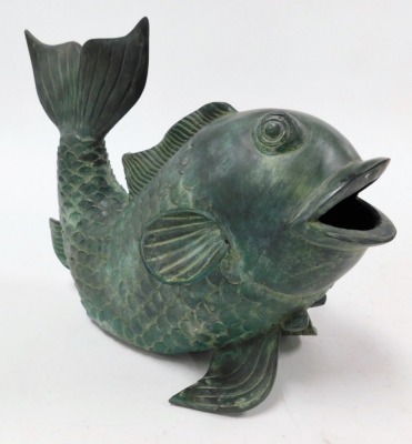 A heavy bronze patinated stylized carp, with upturned tail, 25cm high, 35cm long. - 2