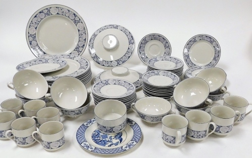 A Royal Doulton Oakdene pattern part tea and dinner service, comprising cups and saucers, tureen lids, dinner plates, gravy boats, saucers, etc. (2 trays)