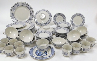 A Royal Doulton Oakdene pattern part tea and dinner service, comprising cups and saucers, tureen lids, dinner plates, gravy boats, saucers, etc. (2 trays)