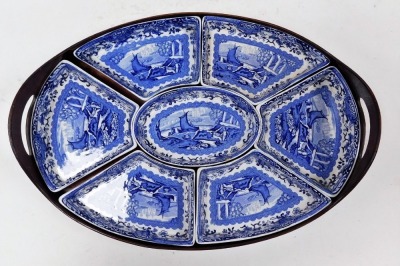 A Booths Old Blue Danube hors d'oeuvres dish, with blue and white design of ships in an outer wooden slip tray, 42cm x 41cm. - 2