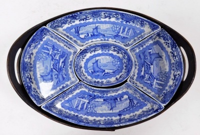 A Booths Old Blue Danube pattern hors d'oeuvres dish, with central oval bowl and four outer sections in blue and white design with ships, with wooden slip tray, 31cm x 23cm. - 2