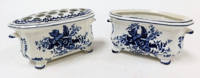 Two Booths blue and white flower bough pots, in Worcester style, one with top inset, 9cm high x 18cm wide. (2, AF) - 2