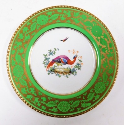 A set of seven Booths cabinet plates, with a lime green outer ground with gilt decoration with painted Asiatic pheasant and floral design numbered 1127, 23cm wide. - 2