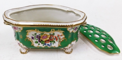 A Booths Silicon china bough pot, on a green ground with gilt decoration with Asiatic pheasants and flowers, with shell scroll feet and set top, 10cm high, 20cm wide. - 2