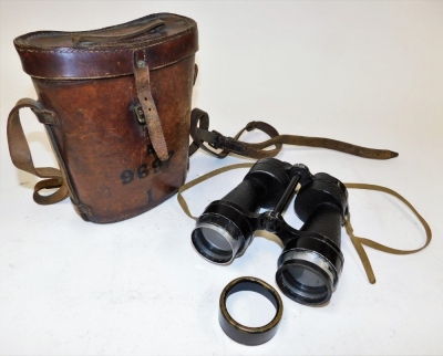 A set of Bino Prism number five mark three military binoculars, each with military arrow dated 1941 registered number 28991, in leather fitted case numbered A9697 1.