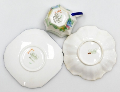 A group of Shelley porcelain, to include two Shelley teacups and three saucers, in bluebell pattern, together with a Shelley brown green and yellow sunflower dish. (6) - 2