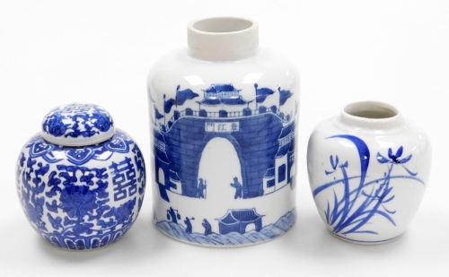 A group of Oriental ceramics, a blue and white ginger jar and cover 12cm high, a floral brush stroke vase 12cm high, and a blue and white brush pot, with figures of bridges and boats unmarked, 19cm high. (3)