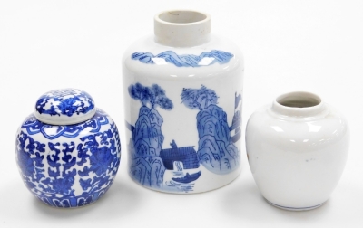 A group of Oriental ceramics, a blue and white ginger jar and cover 12cm high, a floral brush stroke vase 12cm high, and a blue and white brush pot, with figures of bridges and boats unmarked, 19cm high. (3) - 2