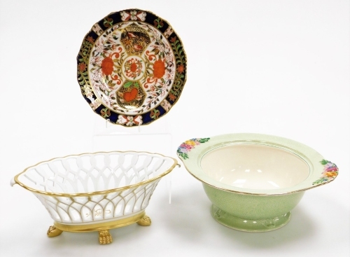 A group of mixed ceramics, to include a PA Portuguese ceramic gilt fruit basket, 12cm high, a Booths silicon ware tureen lacking cover with floral handles, 30cm diameter, and a Crown Derby wall plate, circa 1880s, 22cm wide. (3)