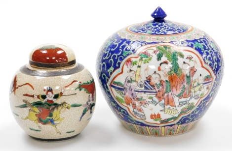 Two Oriental ceramic jars, to include a ginger jar and cover with painted figures of warriors, 15cm high, and a cloisonné ware large jar and cover on a royal blue ground, 16cm high. (2)