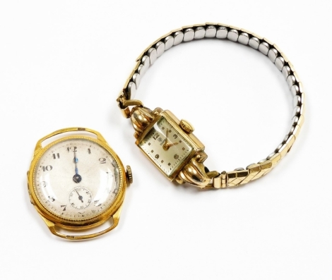 Two wristwatches, to include a gentleman's wristwatch head, in a 9ct gold case with silvered dial and seconds dial with blue hands, lacking hand, 18.9g all in, and a Tudor ladies wristwatch, with single 9ct gold backplae on a gold plated front, on expandi