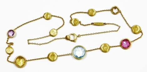 An 18ct gold necklet, set with faceted mixed gem stones to include quartz and tourmaline from the Jaipur by Marco Bicego, 42cm long, 11.1g all in. Provenance: Previous certificate for insurance by George Tarratt of Leicester for £1800.