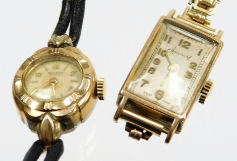 Two wristwatches, to include an Accurist 9ct gold ladies wristwatch, with rectangular watch head, on 9ct gold strap and case, 13.4g, and a Rotary gold plated and stainless steel wristwatch on leather strap. (2)