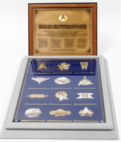 A group of Star Trek Memorabilia, to include a USS Enterprise sign, and a cased twelve badge set, to include the Insignia, Planet Seal, commander pin and others mainly from The Next Generation, in a fitted display case. (2)