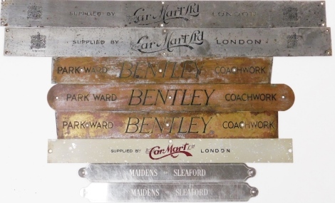 A group of coach builders signs, to include three Parkwood Bentley coach works, two Maidens of Sleaford, and three Cartmarts Limited of London. (8)