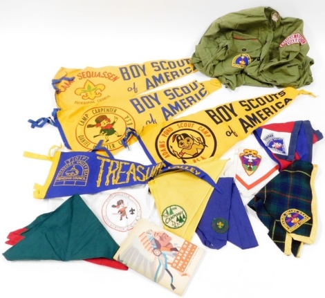 Scouting Interest. An American Scout's green shirt, various American Scouting flags and neckerchiefs, together with a book of The Order of The Arrow handbook.