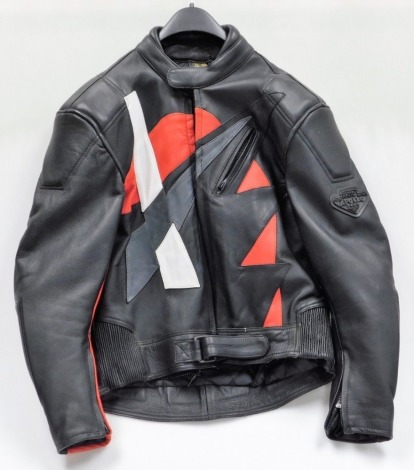 An Akito leather motorcycle jacket, with red and white stripe decoration, size 44.