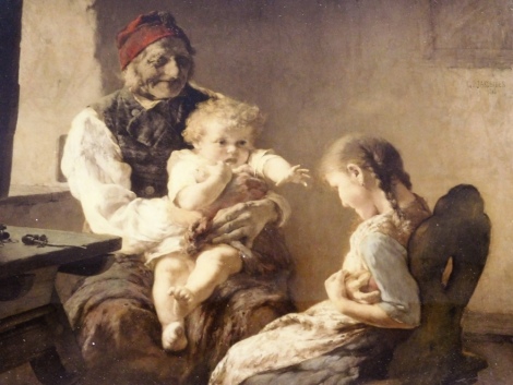 A Victorian crystoleum, bearing signature G. Jacobides, 1884, depicting Granddad and two children, 36cm x 46cm, in a gilt frame.