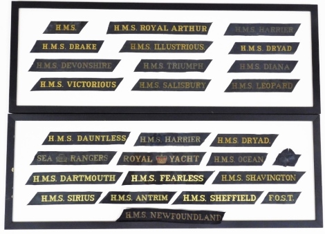 Various HMS material badges, Royal Yacht Club HMS Sheffield, Antrum, Sirius and others, in two modern frames.