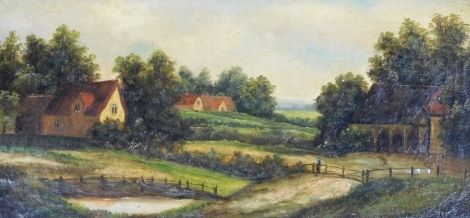 Watkins (19thC School). Cottage on woodland path, oil on canvas, 28cm x 60cm. (AF)