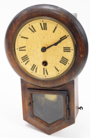 A HAC Western Germany drop dial wall clock, in stained beech case with a cream coloured dial with Roman numerals, key wind, with pendulum drop, 30cm high, the dial 13cm wide.