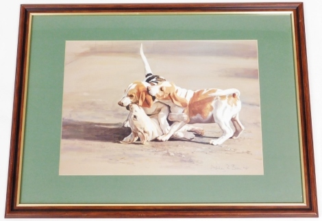 After Ashley R Boone (20thC). Spaniels at beach, signed colour print and dated in pencil '90, 35cm x 50cm, framed and glazed.