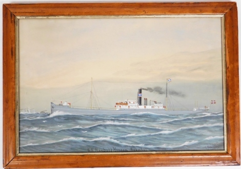 John Fredrik Malmsjo (1851-1929). The SS Randulf Hansen Arnendal, Norwegian steam boat, gouache and watercolour, date 1913, 38cm x 57cm, in maple frame.