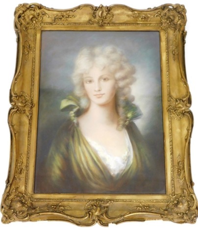 19thC School. Female in green dress, pastel, 62cm x 44cm, in elaborate moulded gilt frame.